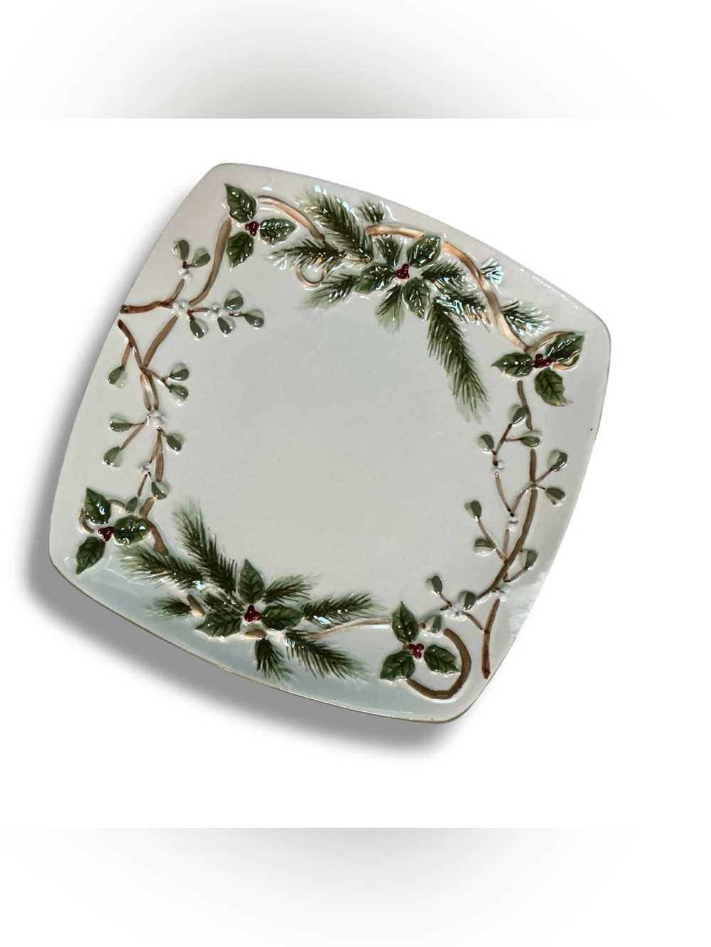 Yankee Candle Vintage Christmas Holly Pine Square Ceramic Dish Tray